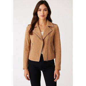 NEW! Claudie Pierlot Suede Leather Biker Moto Jacket Camel Tan SZ S